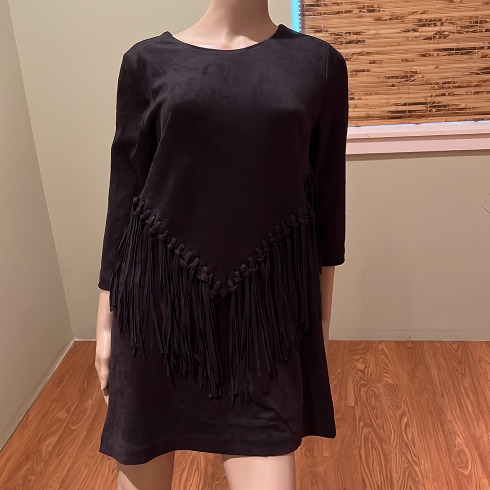 Rapsodia Dress In  Black Faux Suede With Fringe On Front Zipper Back Closure  L